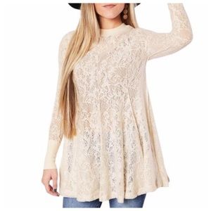 Free People Coffee In The Morning Lace Ribbed Trim Long Sleeve Tunic